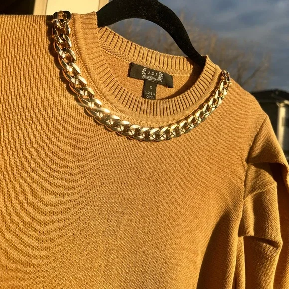 🆕 AZI New York Mustard Gold Chain-Neck Puff Sleeve 100% Cotton Sweater Size S - Picture 7 of 16